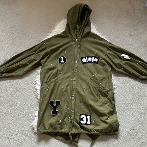 Forever 21 Oversized Green Paint Splatter Utility Longline Jacket + Bonus Hat